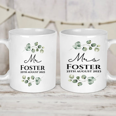 Customised Mr & Mrs Eucalyptus Mugs - Wedding Keepsake - Couple's Engagement Gift - DENMARY